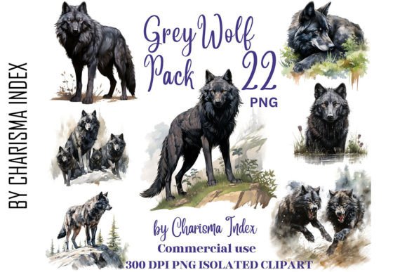 Grey Wolf Watercolor PNG Clipart Bundle Graphic AI Transparent PNGs By CharismaIndex