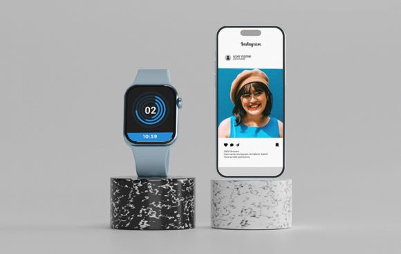 Mobile with Watch Mockup Graphic Product Mockups By sujhonsharma