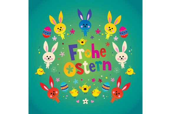 Frohe Ostern - Happy Easter in German Grafik Druckbare Illustrationen Von Alias Ching