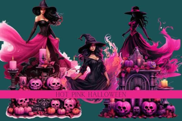 Hot Pink, Halloween, Witches, Decor, Gráfico Ilustraciones Imprimibles Por Space Pixel Playground