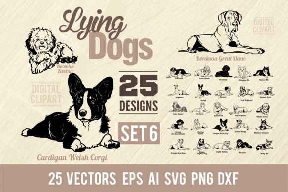 Lying Dogs Set6 - BUNDLE 25 CUT SVG Afbeelding Afdrukbare Illustraties Door SignReadyDClipart
