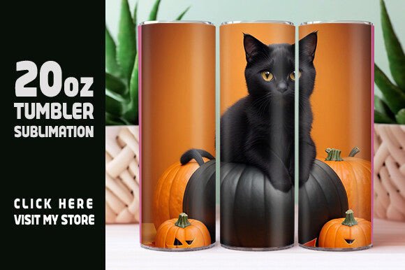 Ute Black Cat Sitting on a Pumpkin Tumb Afbeelding AI Afbeeldingen Door Top Prints Tee