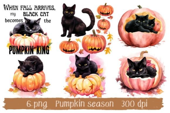 Black Cat and Pumpkin Clip Art Gráfico Ilustraciones Imprimibles Por NeriaLi