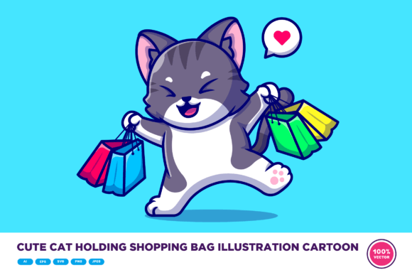 Cute Cat with Shopping Bag Illustration Graphic Illustrations By catalyststuff