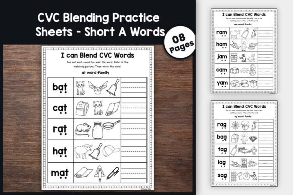 Short a CVC Blending Practice Sheets K-2 Grafik Arbeitsblätter und Unterrichtsmaterialien Von TheStudyKits