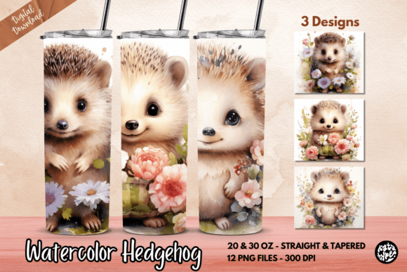 Watercolor Hedgehog Flowers Tumbler Wrap Gráfico Manualidades Por Katatype