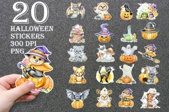 Halloween, Funny Animal Stickers. Set Graphic Illustrations By lia.lait1111g