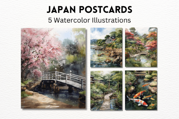 Japan Watercolor Postcards Graphic AI Illustrations By Income Plum