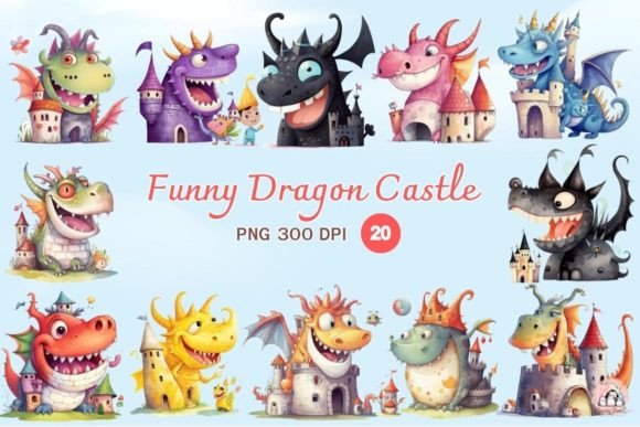 Cute Funny Dragon and Castle Watercolor Graphic Crafts By lovelybenz