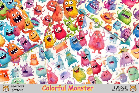 Monsters Seamless Pattern Bundle Graphic Patterns By Meow.Backgrounds