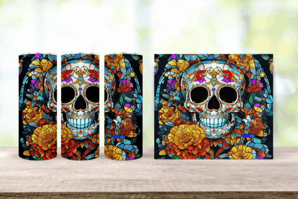 Stained Glass Sugar Skull 20oz Tumbler Wrap Graphic AI Graphics By W&L Designs PA