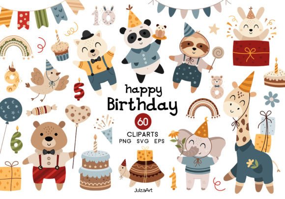 Happy Birthday Boy Clipart, Animals Svg Graphic Illustrations By JulzaArt