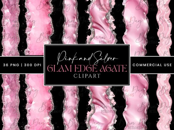 Pink and Silver Glam Edge Agate Clipart Gráfico Ilustrações para Impressão Por busydaydesign