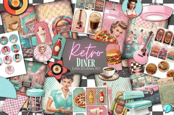 Retro Diner Junk Journal Kit Illustration Objets Graphiques de Haute Qualité Par Emily Designs