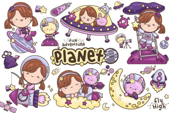 Astronatus Girl Galaxy and Space Clipart Illustration Illustrations Imprimables Par Inkley Studio