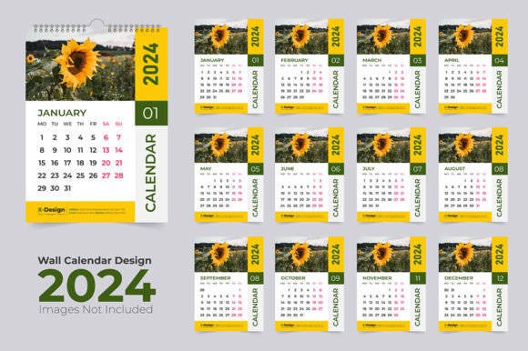Wall Calendar Layout for 2024 Year Grafik Druck-Vorlagen Von Waliullah Solutions