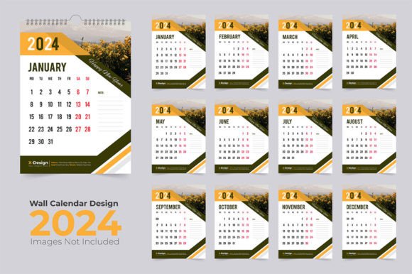 Yearly Wall Calendar 2024 Template Grafik Druck-Vorlagen Von Waliullah Solutions
