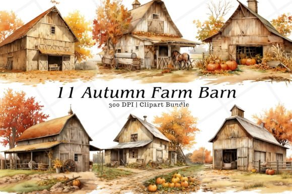 Autumn Farm Barn Watercolor Clipart Gráfico Ilustraciones Imprimibles Por Rabbyx