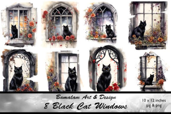 Black Cat Floral Window Ilustrations Gráfico Ilustraciones Imprimibles Por Bamalam Art & Design