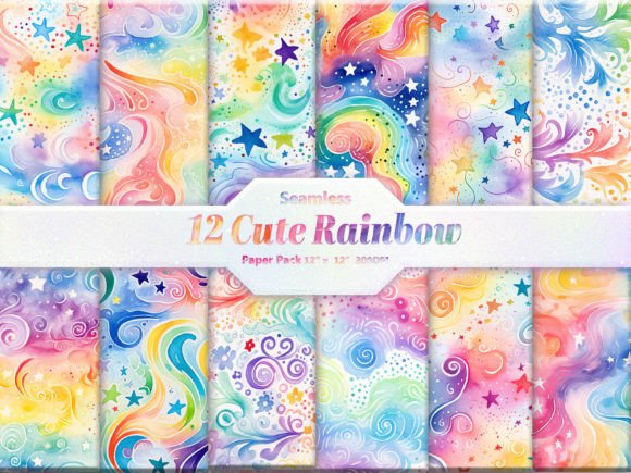 Seamless Cute Rainbow Digital Paper Pack Graphic Backgrounds By DifferPP