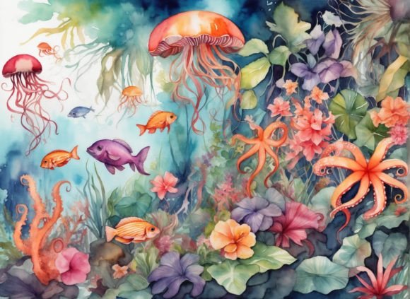 Under the Sea Watercolor Background Grafik Druckbare Illustrationen Von mimishop