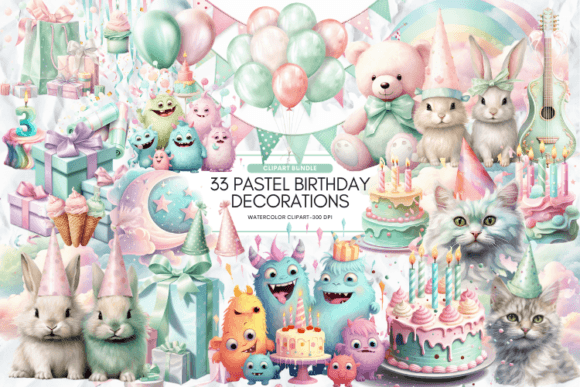 Pastel Happy Birthday Clipart, 33 Png Graphic Illustrations By Markicha Art