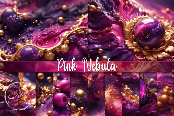 Pink and Gold Nebula and Constellations Grafika Tła Przez Summer Digital Design