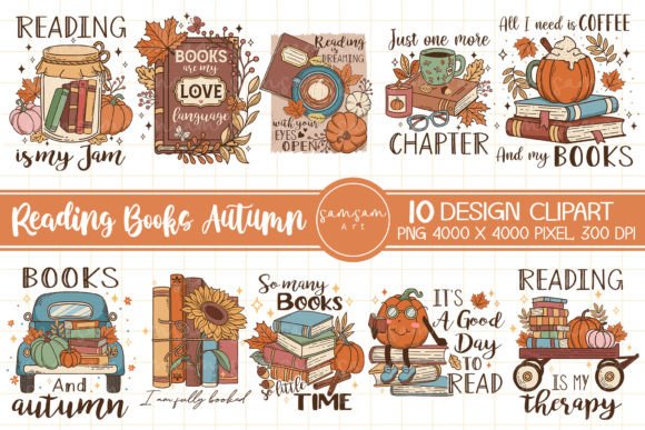Reading Books and Autumn Sublimation Graphic Print Templates By Samsam Art