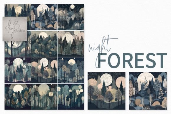 Night Forest Paintings Graphic AI Illustrations By rileybgraphics