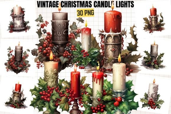 Vintage Christmas Candle Lights Clipart Graphic AI Generated By DenizDesign