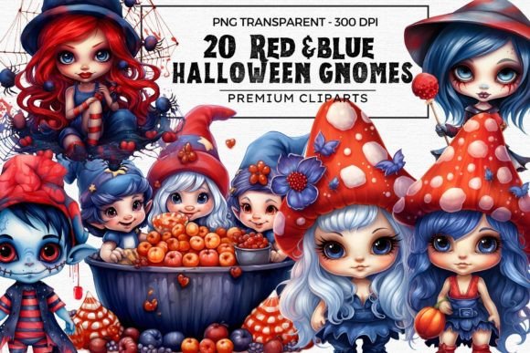 20 Halloween Gnome Clipart PNG, Red Blue Graphic AI Transparent PNGs By ThatsDesignStore