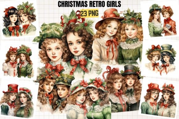 Christmas Retro Girls Watercolor Clipart Graphic AI Generated By DenizDesign