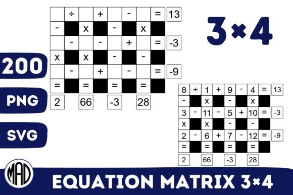 Equation Matrix Classic Puzzle 3×4 Grid Gráfico Materiais de Ensino e Planilhas de Trabalho Por Marina Art Design