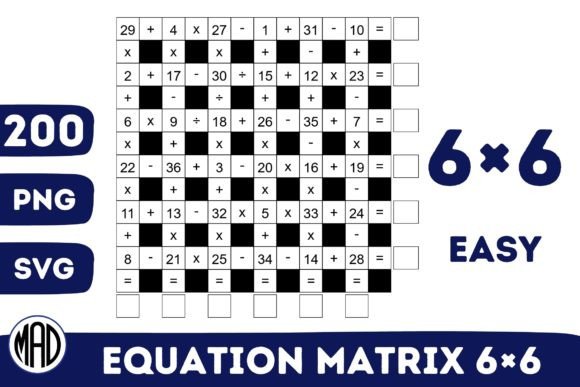 Equation Matrix Easy Mode 6×6 Grid Illustration Feuilles de Travail et Matériel d'Enseignement Par Marina Art Design