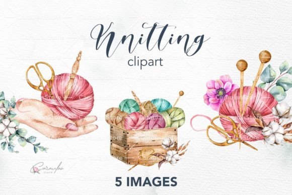 Knitting Watercolor Clipart, Handmade Graphic Illustrations By CaraulanStore