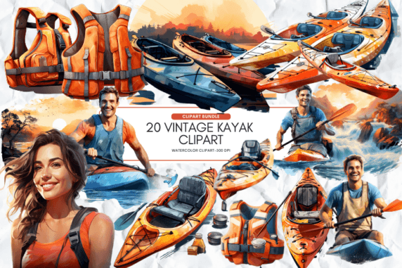 Vintage Kayak Clipart Bundle Grafica Illustrazioni Stampabili Di Markicha Art