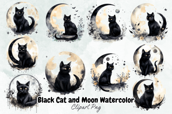 Black Cat and Moon Watercolor Clipart Illustration Illustrations Imprimables Par Crafticy