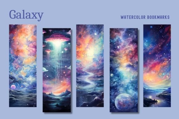 Galaxy Watercolor Bookmarks Grafika Ilustracje AI Przez Lady P Graphics