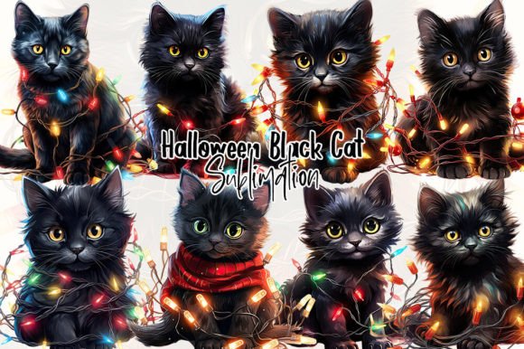 Halloween Black Cat Sublimation Clipart Illustration Illustrations Imprimables Par Aspect_Studio