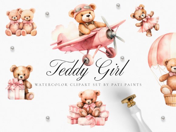 Pink Teddy Bear Baby Shower Clipart Set Graphic Illustrations By patipaintsco