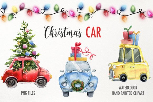 Christmas Retro Car Clipart PNG Graphic Illustrations By WatercolorGardens