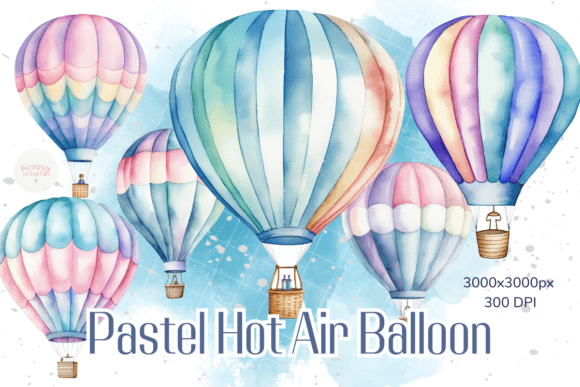 Pastel Hot Air Balloon Watercolor Bundle Illustration Illustrations Imprimables Par kennocha748