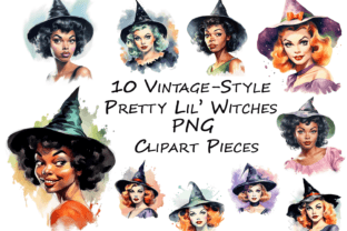 Vintage Pretty Little Halloween Witches Graphic Illustrations By Whiskey Black Designs 1