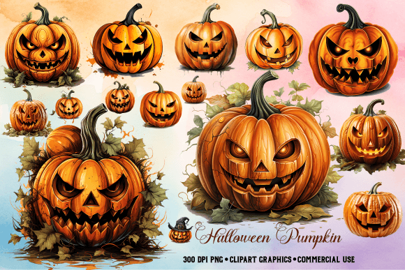 Watercolor Halloween Pumpkin Cliparts Graphic AI Illustrations By Dream Squad
