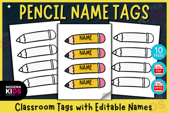 Editable Pencil Name Tags - PPTX Files Graphic 1st grade By Ovi's Publishing