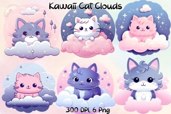Kawaii Cat Clouds Sublimation Clipart Graphic Illustrations By CpSnowy