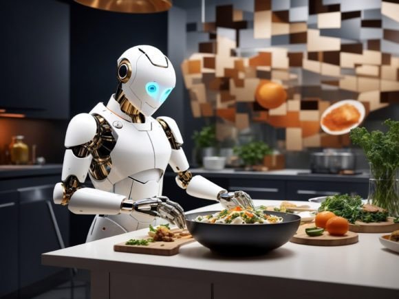 Ai Robot Cooking in a Kitchen Grafika Ilustracje AI Przez Comic And Cartoon Factory