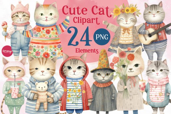 Cute Cat Clipart 24 Elements - PNG Grafik Druckbare Illustrationen Von Emery Digital Studio