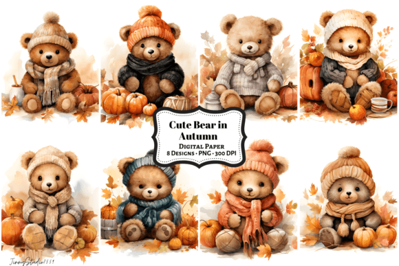 Watercolor Cute Bear Autumn Background Graphic Illustrations By JinnyStudio7559