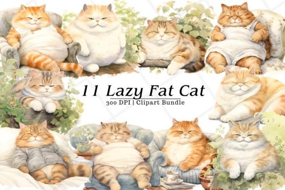 Lazy Fat Cat Watercolor Clipart Gráfico Ilustrações para Impressão Por Rabbyx